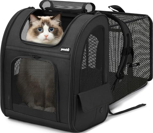 Pecute Zaino per Cani Gatti Grandi Estensibile, Cuccia Portatile, Trasportino Estraibile Indicato per Viaggi Sia Lunghi Che Corti（Nero)