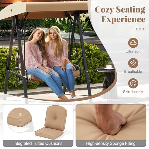 Image of HAPPYGRILL 2-Person Porch Swing, Outdoor Loveseat Swing with Adjustable Canopy & Heavy-Duty Metal Frame, Cushioned Swing with Stand for Porch, Backyard, Garden (Beige)