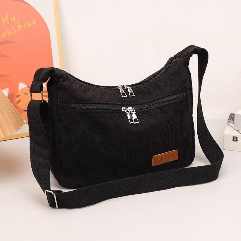 Bolsa feminina de veludo cotelê com alça ajustável e organização de vários compartimentos, bolsa de mão com fecho de zíper, Preto, One Size