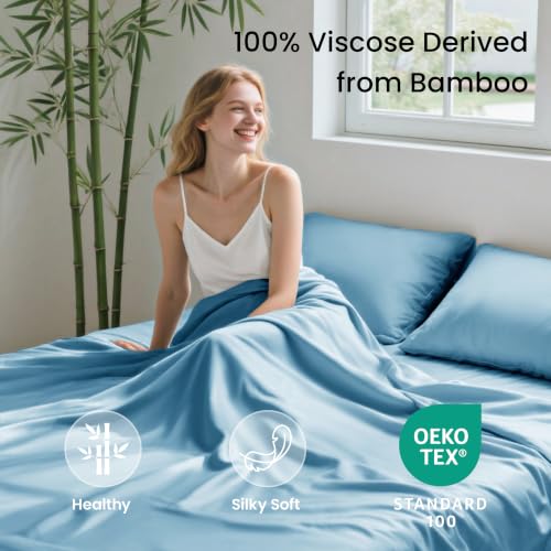 Image of Love's cabin 4 Piece California King Size Sheet Set, 100% Rayon Derived from Bamboo, Cooling & Breathable, Soft Silky Deep Pocket up to 16 inch, Hotel Luxury Bedding for Hot Sleepers, Light Blue