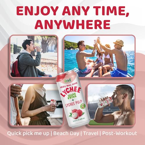 Image of VINUT 100% Natural Lychee Juice Drink with Pulp, Real Lychee Juice, Gluten Free, GMO-Free, 16.57 fl oz, Pack of 6