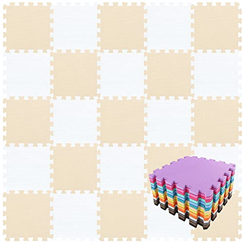 Image of qqpp EVA Rubber 18 Tiles Interlocking Puzzle Foam Floor Mats - Baby Play Mat for Playing | Exercise Mat for Home Workout. White, Beige. QC-AJb18N
