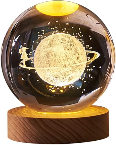 Miniatura 9 de Bola de cristal del sistema solar 3D con base de madera LED, alimentada por USB, luz blanca cálida 3D, bola de cristal de galaxia, luz nocturna