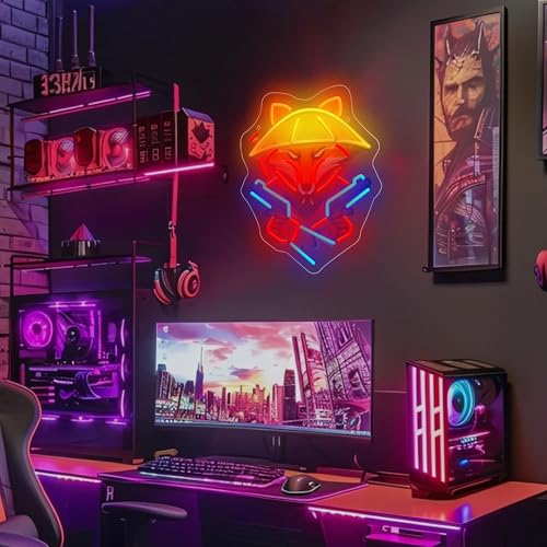 Image of Fox with Gun Neon Sign For Wall Decor, Colorful UV Printed Neon Light with Retro Design, LED Artwork for Bar, Bedroom, Game Room, Party Decoration Holiday Birthday Gifts