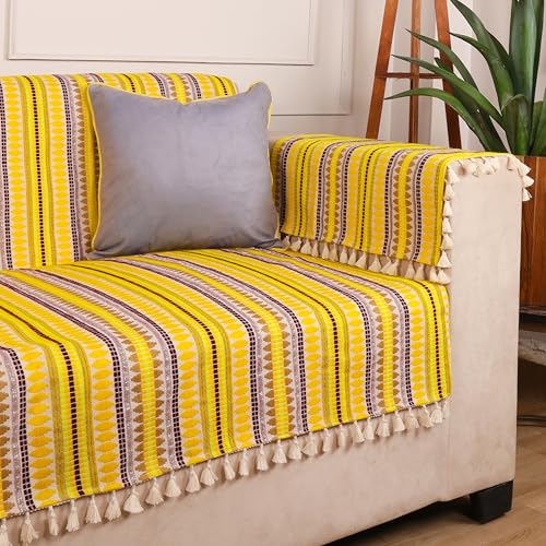 Image of STITCHNEST Woven 1 Seater Sofa Protector with 2 Hand Rest Covers - Yellow & White Stripe Design - Washable Fabric with Tassels - Stylish Sofa Cover for Modern Living Room & Furniture Decor