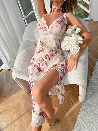 Sweatyrocks Women's Deep V Neck Floral Print Lace Trim Chemise Dress Split Thigh Long Mesh Teddy Nightgown Multicolor Xl #TOP6