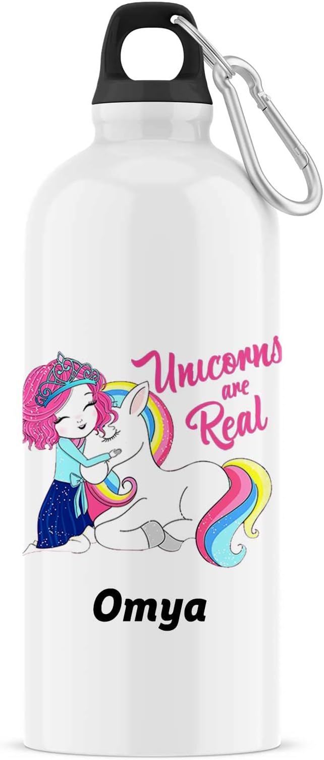 ASHVAH Unicorns are Real, Personalised Name Water Bottle for Girls, Happy Birthday Return Gift for Kids (750 ML) - Name - Omya