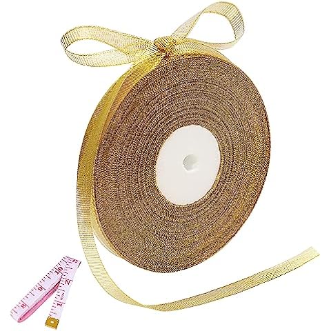 50 Yards Gold Glitter Ribbon 3/8 Inch, Sparkly Thin Solid Fabric Ribbon for Gift Wrapping, Crafts, Holiday Wedding Birthday Party Decoration Floral Bouquet, Metallic Gold Ribbon Roll Cover
