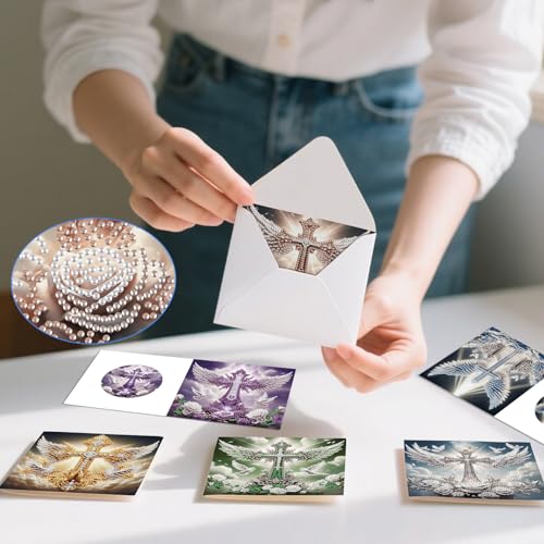 Image of 6 Pack Diamond Painting Greeting Cards with Envelopes, DIY 5D Diamond Art Card Kit Winged Cross Designs, 30x15cm Handmade Religious Cards Crafts for Spiritual Blessings and Faithful Greetings