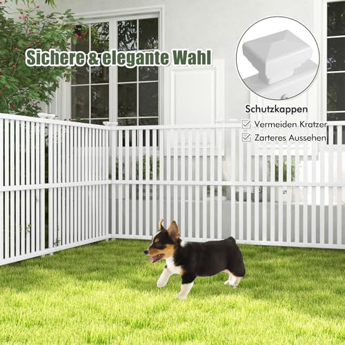 COSTWAY Gartenzaun 2-teilig, 114 cm hoch, Zaun mit Pfosten & Schutzkappen, PVC Sichtschutzzaun, Steckzaun Zaunelementen, Freistehender dekorativer Zaun, Sichtschutz für Garten & Terrasse, Weiß
