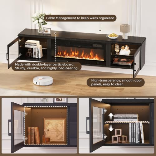 Image of 80 inch Floating TV Stand with Fireplace, High Gloss Finish Wall Mounted Fireplace Entertainment Center with Storage for TVs Up to 90 inch, Black
