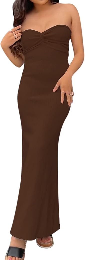 Women Twist Knot Front Solid Knit Tube Maxi Dress Y2K Sexy Strapless Sleeveless Knit Slim Fit Long Pencil Dresses Split Bodycon Dresses