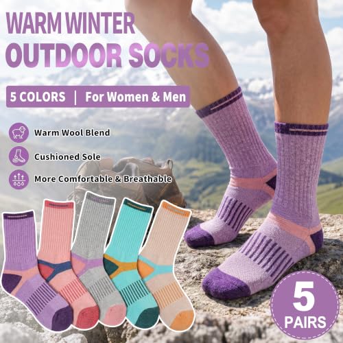 Image of MOGGEI 5 Pairs Merino Wool Hiking Socks Warm Thermal Winter Cozy Cushioned Moisture Wicking Socks for Women & Men