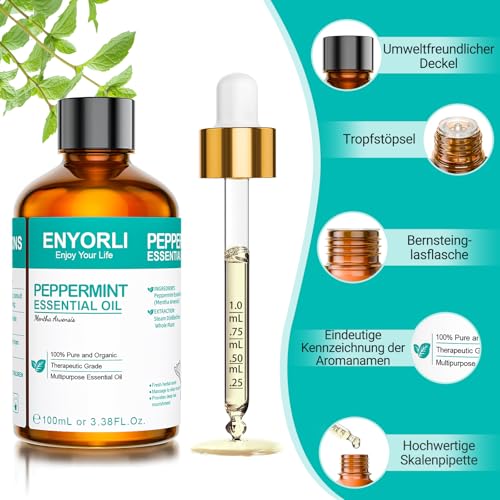 ENYORLI Ätherisches Pfefferminzöl 100ml Pfefferminzöl 100% Natürlich für Haut, Gesicht, Haare, Aromatherapie, Diffusoren, Kerzenherstellung, Massage, Hauspflege, äußere Anwendung mit Pipette