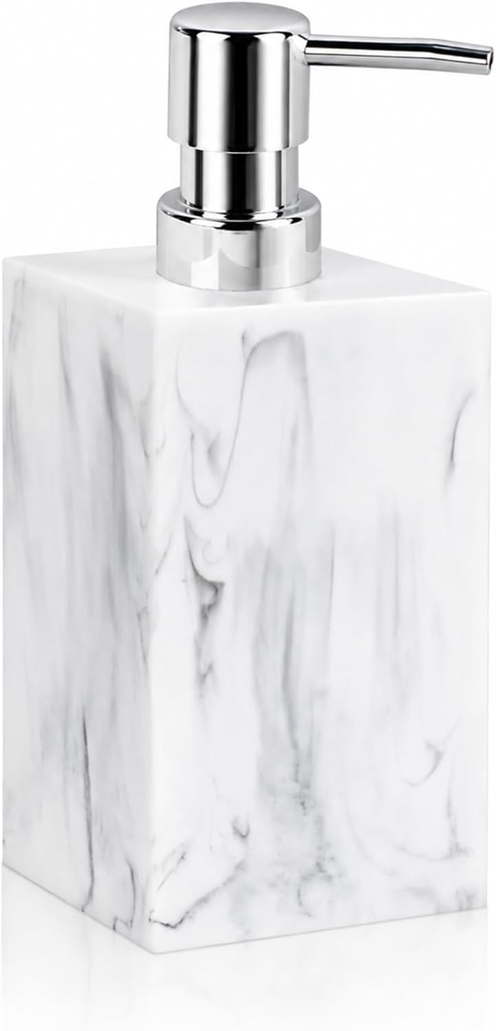 Resin Soap Dispenser, 16.9 oz Refillable Hand Soap & Lotion Pump with Marble Swirl Pattern, Modern Bathroom & Kitchen Countertop Liquid Soap Dispenser (White)