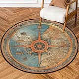 Ocean Compass Round Area Rug 3ft, Washable Circle Rugs Non Slip Circular Rug Soft Indoor Floor Carpet for Bedroom Living Room Nursery Kitchen