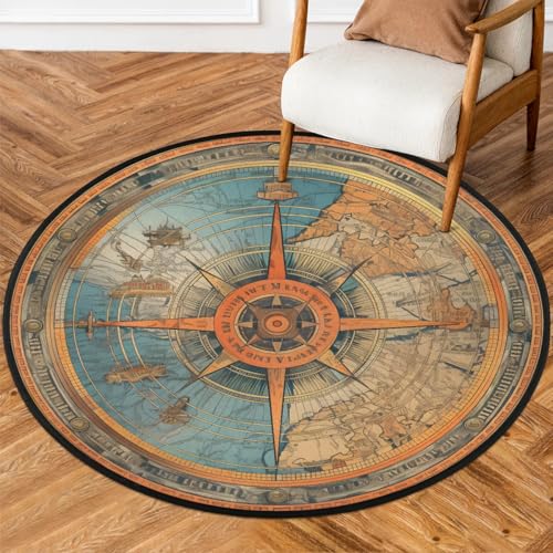 Ocean Compass Round Area Rug 5ft, Washable Circle Rugs Non Slip Circular Rug Soft Indoor Floor Carpet for Bedroom Living Room Nursery Kitchen