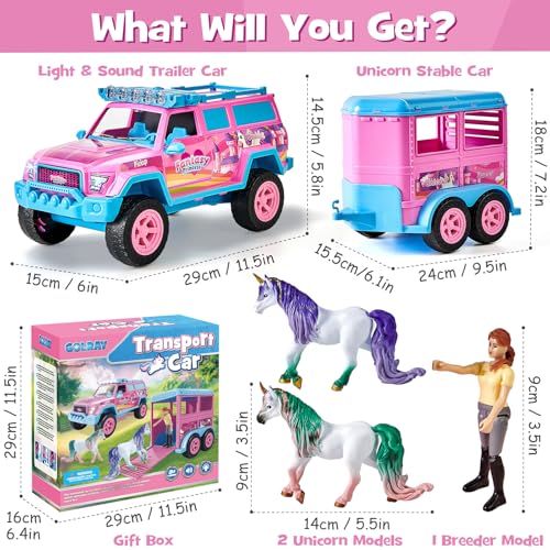 Golray Horse Trailer Toys for Girls 3-5 with 1:16 Scale Light and Sound Truck & Animals Figure & Horse Stable Car, Carrier Truck Birthday Gifts Unicorn Toys for Toddlers Girls Age 2 3 4 5 6 Years Old - Thumbnail 7