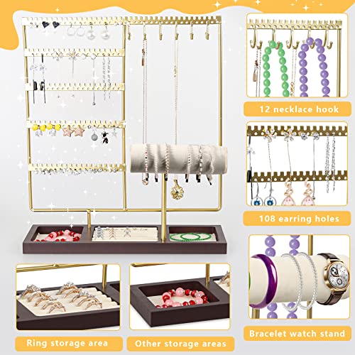 Gvizno Earring Holder Organizer With108 Holes, Jewelry Organizer Stand With Necklace Holder, Earring Organizer, Bracelet Display Stand Wooden Ring Tray For Earring Necklace Bracelet Ring Watche (Gold) #TOP1