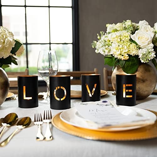 Walbrook Home Love Metal Candle Holder Set of 4 - Wedding Decorations, Centerpiece Table Decorations, Black Room Decor, Wedding Table Decorations, Candle Gift Set, Dining Table Centerpiece