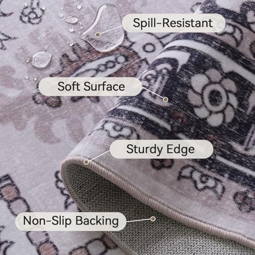 Lofus 9x12 Area Rugs for Living Room, Machine Washable Area Rug, Soft Large Rugs for Bedroom, Kitchen, Office and Indoor, Vintage Boho Carpet, Non-Slip Low Pile Carpets, Black and Pink