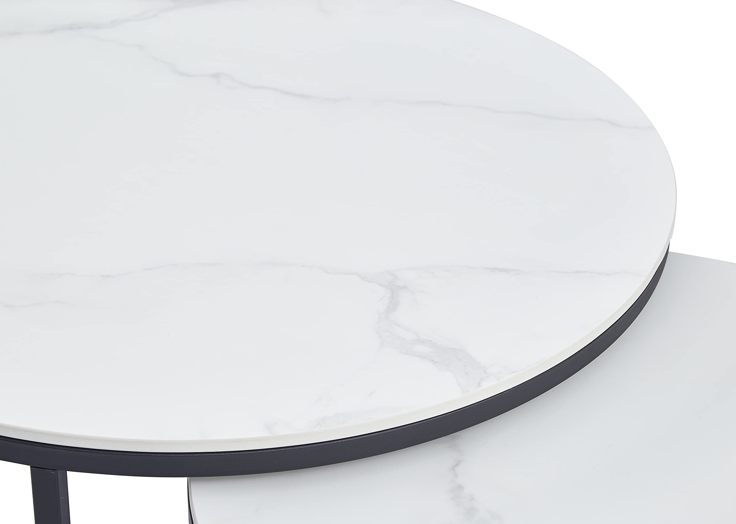 Table basse Taianata - Blanc et noir - Motif marbre - Pieds en métal noir - Dimensions : Ø 80 x 41 cm et Ø 60 x 37 cm