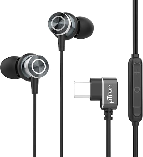 pTron Boom Play X3 In-Ear Type C Wired Headphones with Mic, 10mm Drivers for Pristine Sound, In-line Controls, 90 Degree U...