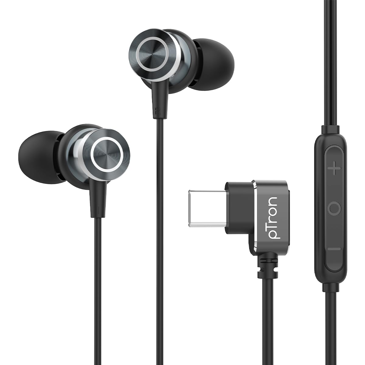 (Refurbished) pTron Boom Play X3 In-Ear Type C Wired Headphones with Mic, 10mm Drivers for Pristine Sound, In-line Controls, 90 Degree USB-C Connector, 1.2m Tangle-Free Cable, Metal Buds & Wide Compatibility(Black)