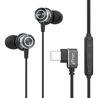 pTron Boom Play X3 In-Ear Type C Wired Headphones with Mic, 10mm Drivers for Pristine Sound, In-line Controls, 90 Degree USB-C Connector, 1.2m Tangle-Free Cable, Metal Buds & Wide Compatibility(Black)