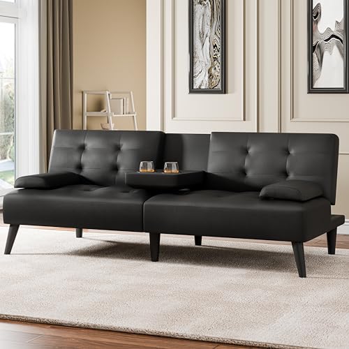Meilocar 64 Futon Sofa Bed Small Loveseat with 2 Cup Holders Small Couch with 3 Adjustable Angles & Removable Armrest Modern Sleeper Sofa for Small Space (PU Leather Black)