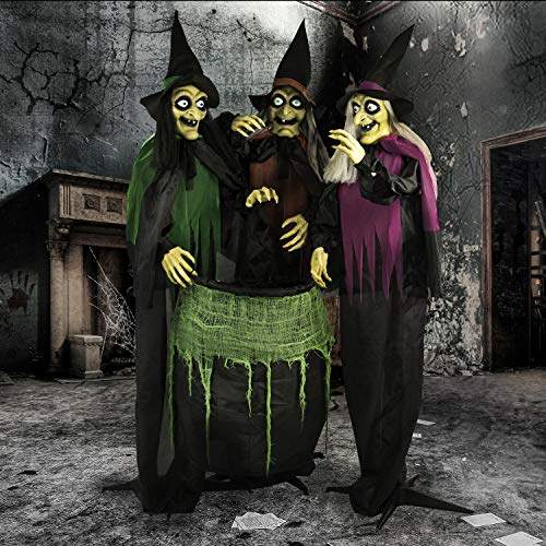 Haunted Hill Farm Life-Size Scary Talking 3 Witches with Cauldron Halloween Animatronic, Indoor or Covered Outdoor Poseable Halloween Decorations with Light up Eyes and Sound, Battery Operated