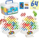 WOWNOVA 64PCS Deluxe Tetra Tower Game for Family Game Night, Balance Stacking Blocks Tower Board Game for Fun Party Games, Stacking Game for Kids & Adults, with Prize Wheel&Cute Clear Storage Box