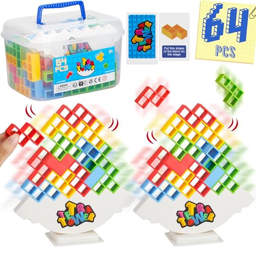 WOWNOVA 64PCS Deluxe Tetra Tower Game for Family Game Night, Balance Stacking Blocks Tower Board Game for Fun Party Games, Stacking Game for Kids & Adults, with Prize Wheel&Cute Clear Storage Box