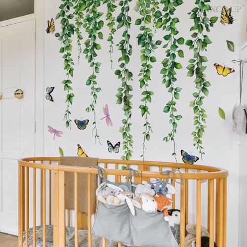 Calcomanías de pared de hojas verdes autoadhesivas y vinilos decorativos de libélulas 4
