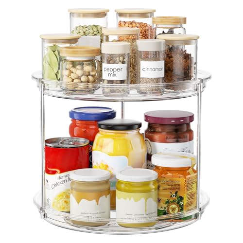 LazySpin 2 Tier Lazy Susan Organizer, 9'' Lazy Susan Turntable for Cabinet, Stackable Turntable Organizer Rotating Spice Rack Organization for Kitchen Countertop, Pantry, Bathroom, Clear