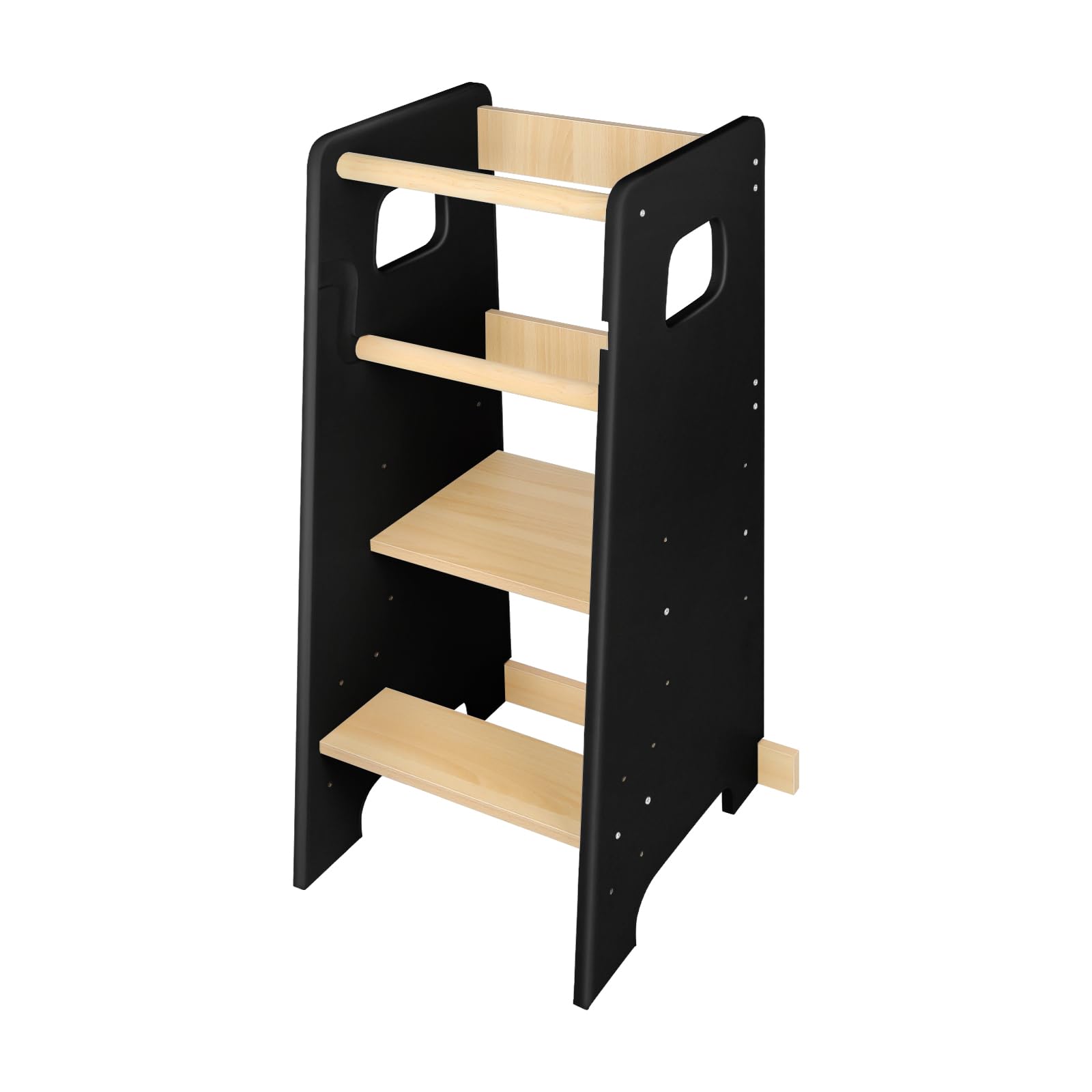 Lernturm zum Mitnehmen, kippsicher, Holz, Montessori Beobachtungsturm mit Sicherheitsschienen, Montessori Tower höhenverstellbar auf Etagen (Schwarz, 42 x 40 x 90 cm)