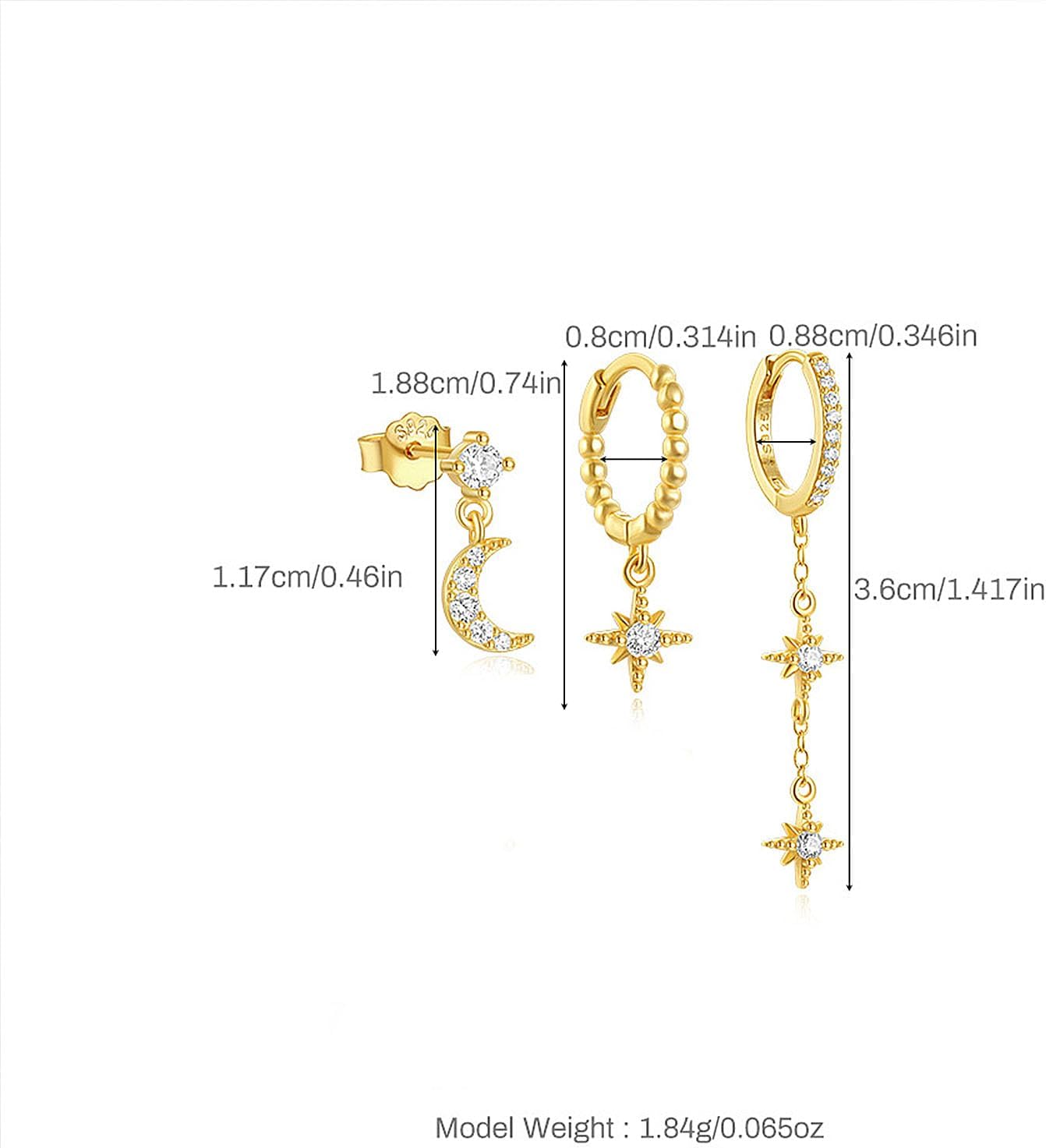 14K Gold Star Long Chain Hoop Dangling Earrings for Women,3Pcs Rhinestone Moon Statement Huggie Earrings Set,Fashion Party Birthday Jewelry Gifts - Image 3