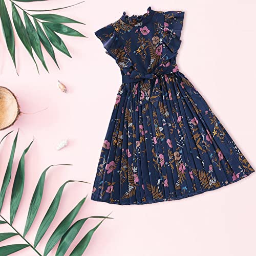 Kids Girls Floral Dress Boho Ruffle Sleeve Pleated Casual Swing Dresses Vintage Print Girls Summer (Blue, 8-9Years)3