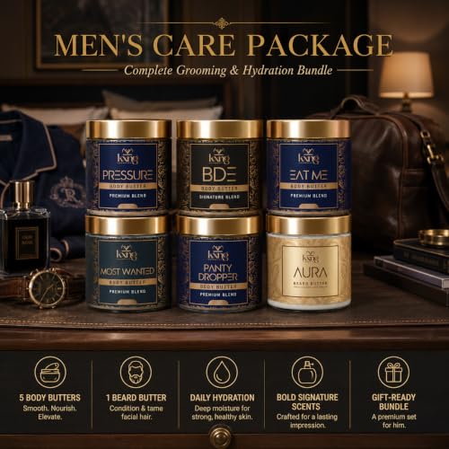 Image of KXNG Cosmetics Men's Skin Care Essentials Pack | Body & Beard Butters with Travel-Size Hand Sanitizer for Men | Daily Moisturizing & Hygiene Care Set | Ideal for Hands, Feet & All Skin Types