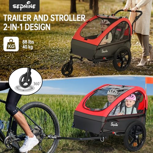 Image of Sepnine Kids Bike Trailer, 2 in1 Canopy Carrier Converts to Stroller Suitable for 1 to 2 Kids, 12+ Months, Quick Attach to Bike, Foldable, with 5-Point Harness and Storage Bags