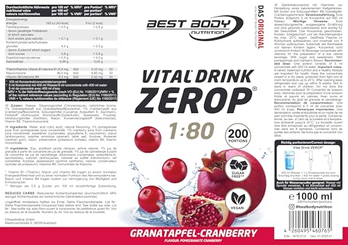 Best Body Nutrition Vital Drink ZEROP® - Granatapfel-Cranberry, Original Getränkekonzentrat - Sirup - zuckerfrei, 1:80 ergibt 80 Liter Fertiggetränk, 1000 ml