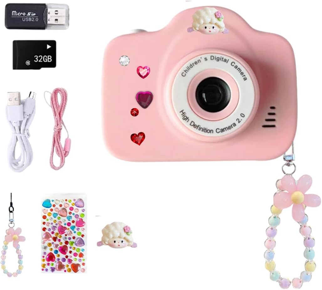 Cute Cartoon Camera for Kids Girls, Kawaii DIY Kitty Cat Selfie Kids Camera Toy, Portable Digital Video Camera with Charms (White)