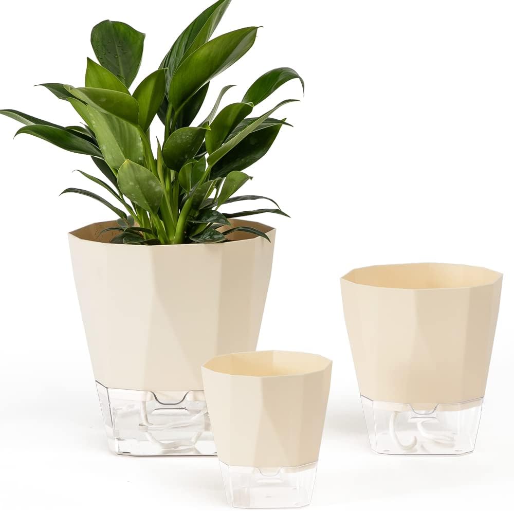 Qimodo3 Pack 8.5/6.7/5 Inch Plastic Self Watering Indoor Planters,Modern Decorative Plant and Flower Pots for Succulents,Aloe,Herbs,African Violets,Peace Lily with Absorbent Cotton Wick Rope,Beige