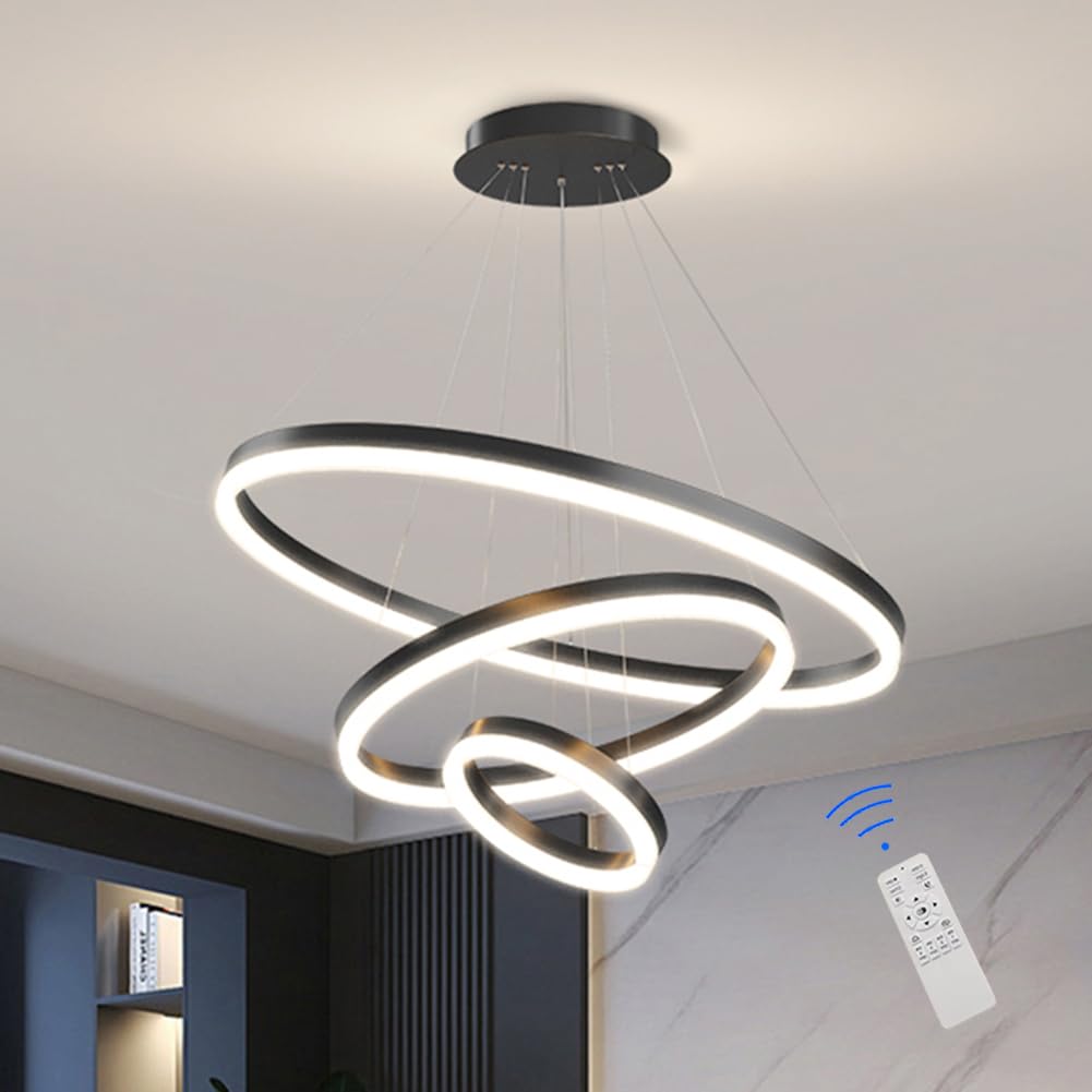 KXEcoLife Modern LED Pendant Light - Dimmable Round 3-Layer Minimalist Chandelier for Kitchen Island & Dining Room, Height Adjustable, Stylish Black Ceiling Fixture