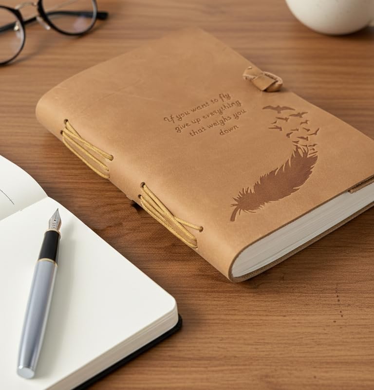 Image of AccuPrints Handmade Leather Journal 240 Pages, Travel Diary with Inspirational Quote, Vintage Craft Paper Notebook for Writing, Sketching, Scrapbooking, Compact Size with Strap Closure