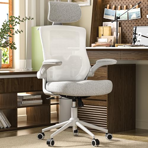 FOKESUN Ergonomischer Bürostuhl mit Verstellbarer Kopfstütze & Lendenstütze – Hochlehner Mesh-Schreibtischstuhl mit Schaumstoff-Sitz, Kleiderbügel & Verriegelungsfunktion (Weiß und Grau)