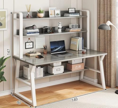 GERRBG 収納スペース付き 学習机 組み立て式デスク 省スペース卓 コンパクト学習机 組み立て簡単 大容量 広い収納 大型デスクトップ 安定性と耐久性 家庭用 勉強机スーツ 学校机 パソコン机 (椅子は付属しません) (モラングレー,140*60*14