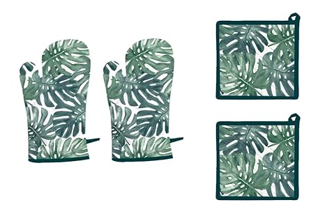 Kitchen Oven Gloves and Mitten Set, Washable Printed Oven Accessories for Baking, Microwave Use & Cooking for Grill, Protection of Hands from Hot Utensils, Glove Size 18 x 32 Cms (7x13 Inches), Mitten Size 20x20 Cms (9x9 Inches)