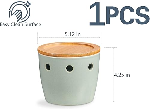 Miniatura 6 de ONEMORE Porta ajos grande con tapa, recipiente de ahorro de ajo de cerámica de 12.7 cm, porta ajos para mostrador, verde claro