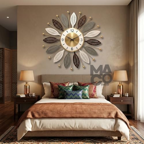 Image of Decorative Wall Clocks for Living Room Metal Stylish Wall Clock Designer Fancy Large Wall Hanging Clock Leaf Pattern Bedroom Hall Modern
